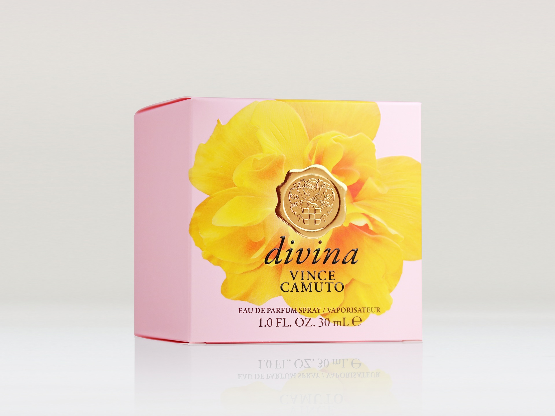 Vince Camuto Divina packaging features hot foil stamping and embossing