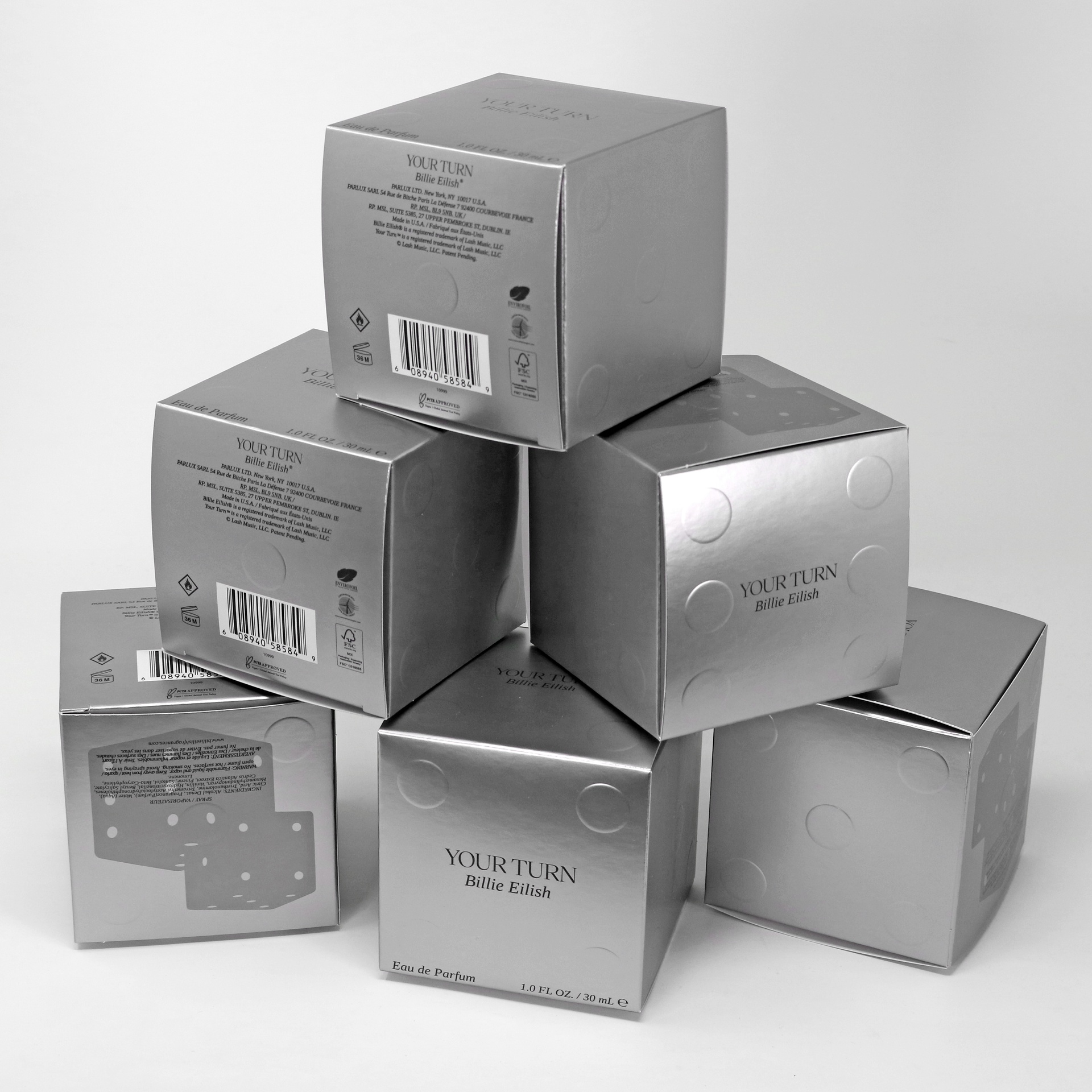 Billie Eilish Your Turn folding cartons feature UV matte coating, Envirofoil, and multi-level embossing.